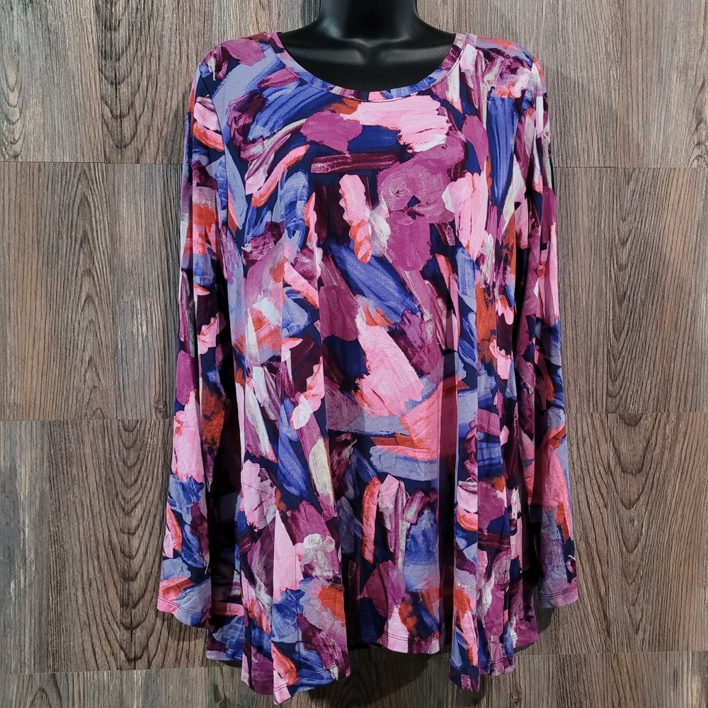 LOGO by Lori Goldstein Tunic Top Size L Purple Multi Artsy Abstract Pockets